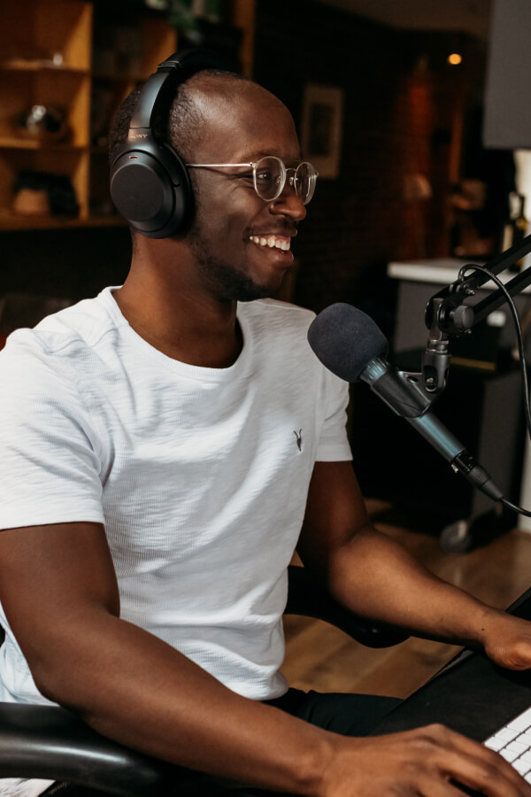 man recording a podcast